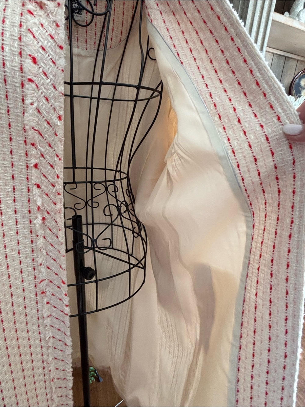 Anne Klein Soft Pink Textured Long Coat with Subtle Red Accents - Picture 5 of 16